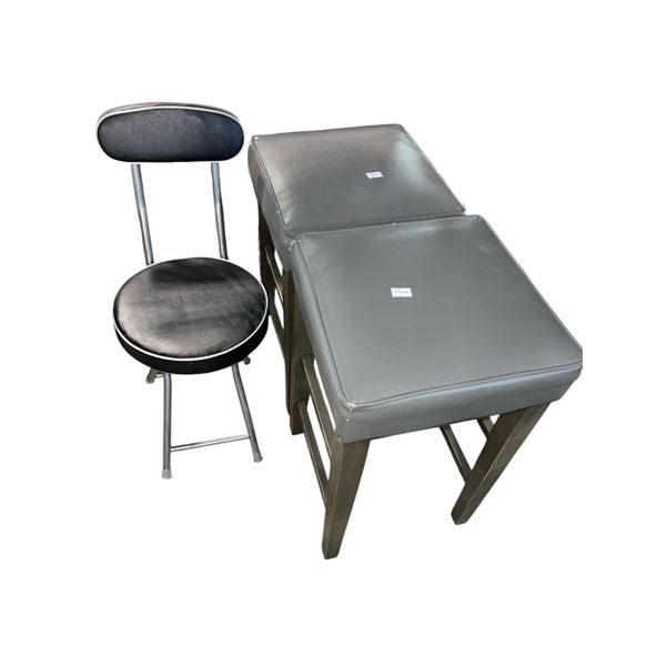3 Pcs Lot: 2 Grey Faux Leather Bar Stools and Black Folding Chair, H25" x 14.5" x 14.5" Each