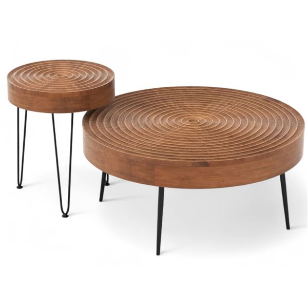 Set of 2 - Solid Wood Ring Pattern Farmhouse Coffee Tables Brown - RV: $298 CAD, Approx. H15" x Dia.