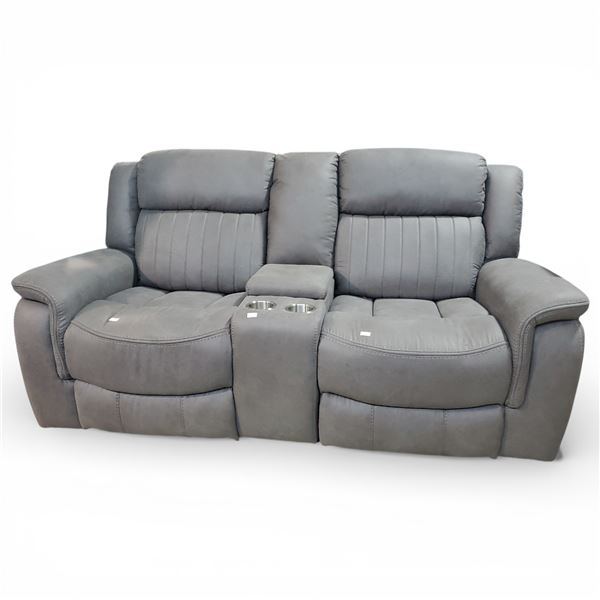 Power Leather Reclining Loveseat with Console - Grey, Approx. H38" x 72" x D30"