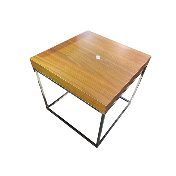 Walnut Veneer Wood Top Side Table with Chrome Metal Frame, H19" x 20.5" x 20.5"
