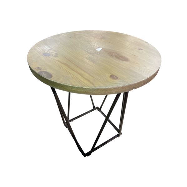 Round Natural Wood Side Table with Black Metal Base, H25" x Dia. 23.5"