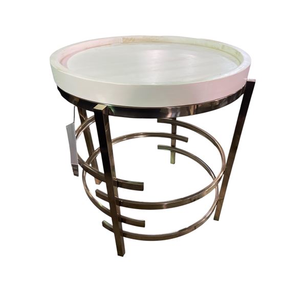 Round White Tray-Top Side Table with Chrome Ring Metal Base, H24.5" x Dia. 22"