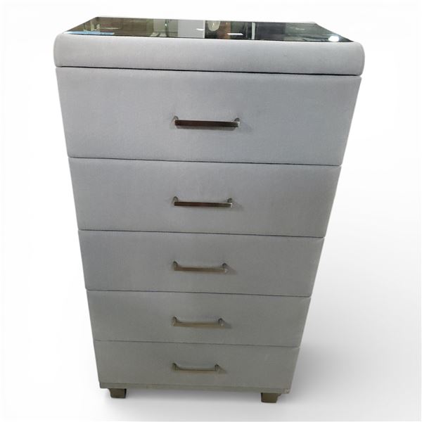 Light Grey Textured Fabric 5-Drawer Chest with Glass Top, H45.5" x W23.5" x D18"
