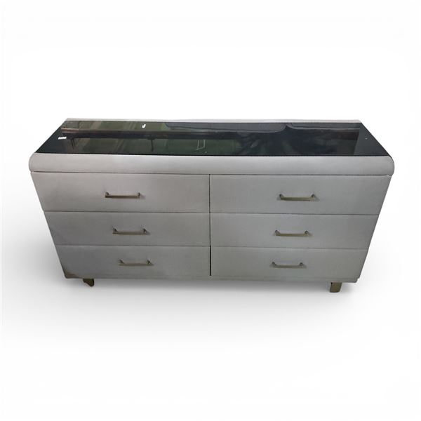 Light Grey Textured Fabric 6-Drawer Dresser with Glass Top, Approx. 30.5" x 56" x 17.5"