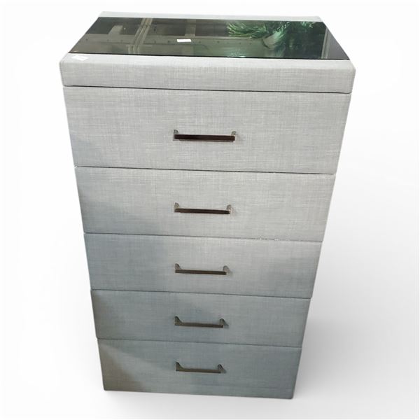 Light Grey Textured Fabric 5-Drawer Chest with Glass Top, H45.5" x W23.5" x D18"