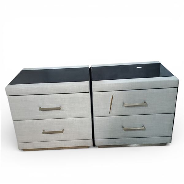 Set of 2 Light Grey Textured Fabric Nightstands with Glass Top, Approx. H18.5" x W19.5" x D18" Each 