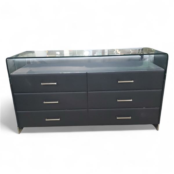 Modern Black Faux Leather 6-Drawer Dresser with Wraparound Glass Top, Approx. H30.5" x W54" x D18"