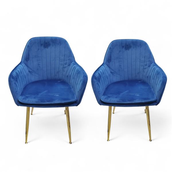 2 Blue Velvet Dining Chairs with Gold Legs