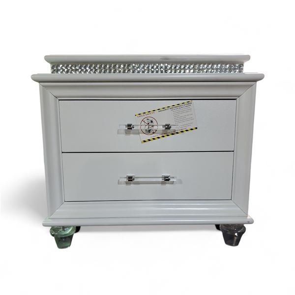 White 2-Drawer Nightstand with Acrylic Legs, H26.5" x W29" x D17"
