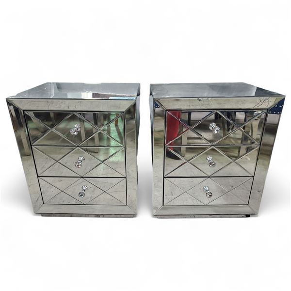 Pair Mirrored Three-Drawer Nightstands, H23.5" x W19.5" x D15.5" Each