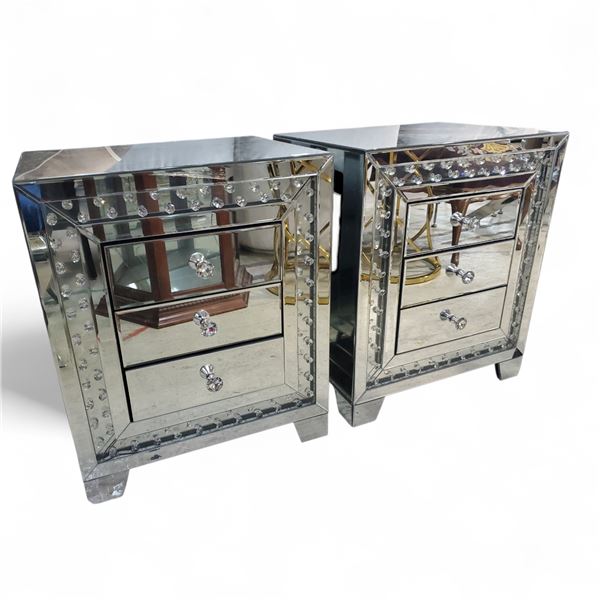 Pair Diamond Glitz Silver Mirrored Bedside Cabinets, H23.5" x W19.5" x D15.5" Each (with Light)