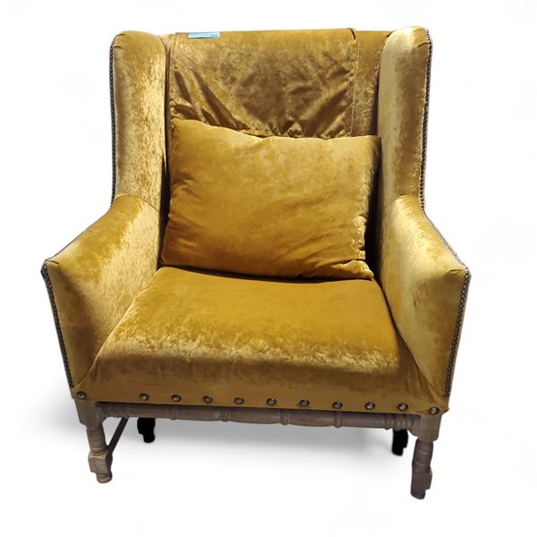 Mustard Yellow Velvet Accent Chair with Nailhead Trim, Approx. H43" x W35" x D31"
