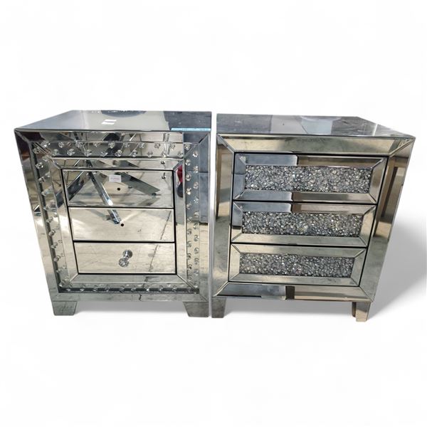 2 Diamond Glitz Silver Mirrored Bedside Cabinets, H23.5" x W19.5" x D15.5" Each (one with cable, top