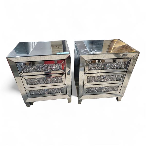 2 Diamond Glitz Silver Mirrored Bedside Cabinets, H23.5" x W19.5" x D15.5" Each
