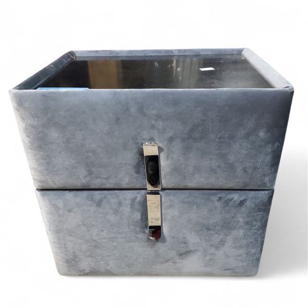 Gray Velvet Nightstand, H19.5" x 20" x 16"