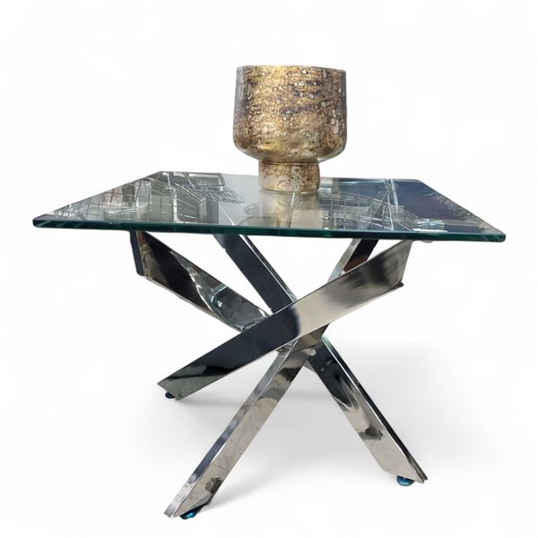Glass Top Side Table with Chrome X-Base, H19" x 23.5" x 23.5" (One Leg Needs Repair)