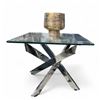 Image 1 : Glass Top Side Table with Chrome X-Base, H19" x 23.5" x 23.5" (One Leg Needs Repair)