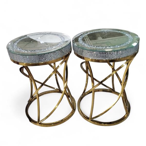Pair Round Mirror Top Stainless Steel End Tables, Approx. H22" x Dia. 15.5" Each (one top glass crac