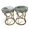 Image 1 : Pair Round Mirror Top Stainless Steel End Tables, Approx. H22" x Dia. 15.5" Each (one top glass crac