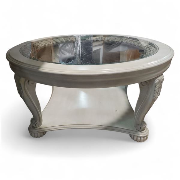 Classic Ornate Round Glass Wooden Table, Approx. H20.5" x Dia. 42"