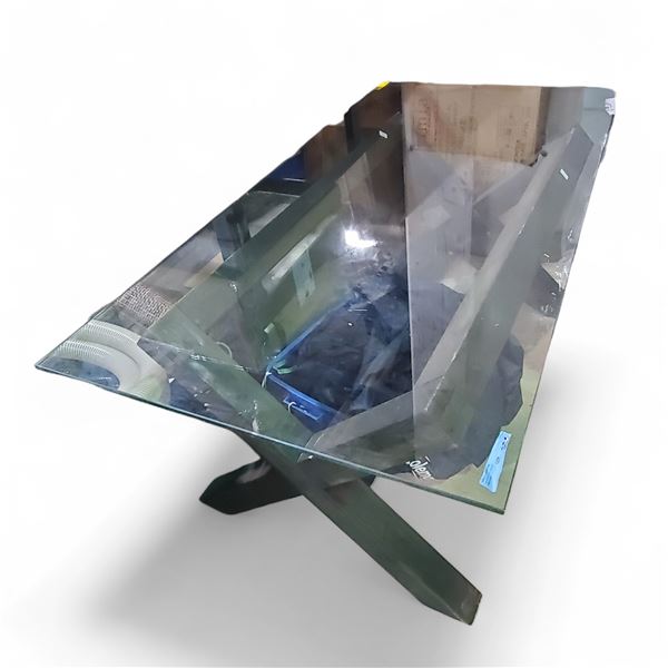 Modern Glass Top Dining Table , w/ Dark Wooden Legs, H28" x W71" x D35.5"