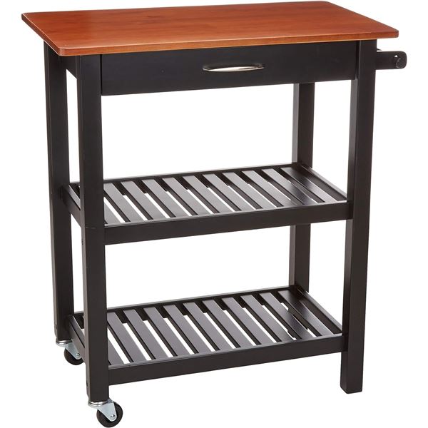 Amazon Basics Multifunction Rolling Kitchen Trolley Island with Open Shelves - Cherry and Black