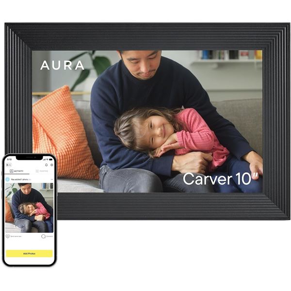 BNIB Aura Carver WiFi Digital Picture Frame Free Unlimited Storage Gravel with White Mat Retail $199