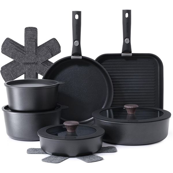 BNIB SENSARTE 17 Piece Ceramic Pots and Pans Set, Nonstick Detachable Handle Cookware Retail $165