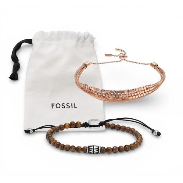2x New Fossil Women's Stainless Steel Gold-Tone Sadie Glitz Disc & Brown Leather Bracelet Retail $12