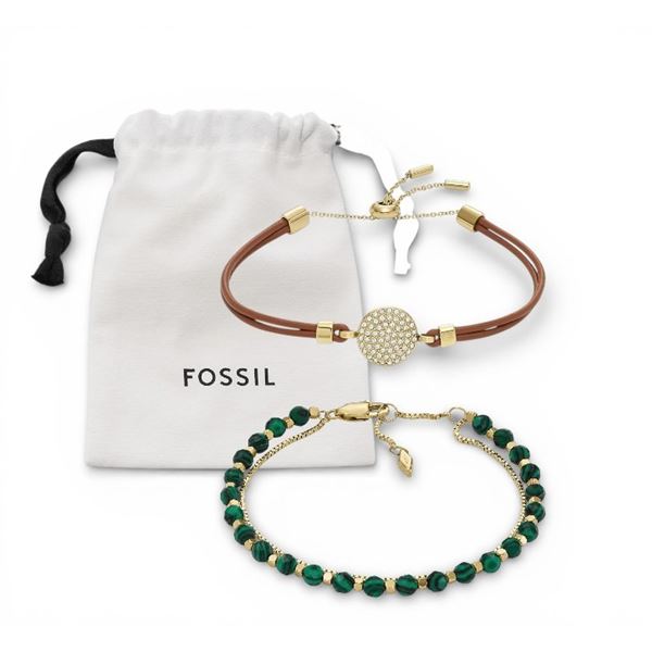 2x New Fossil Women's Stainless Steel Gold-Tone Sadie Glitz Disc & Brown Leather Bracelet Retail $12