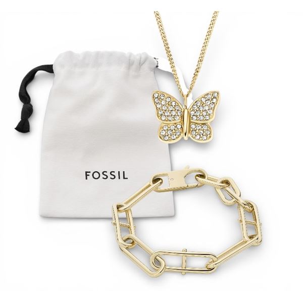 2x New Fossil Women's Stainless Steel Gold-Tone Sadie Glitz Disc & Brown Leather Bracelet Retail $12