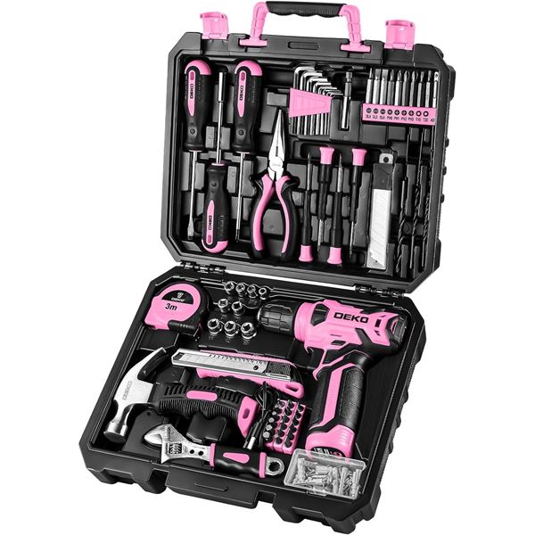 BNIB DEKOPRO Drill Set: Tool Set with 8V Pink Cordless Drill, Home Tool Kit with Drill 126 Piece Ret