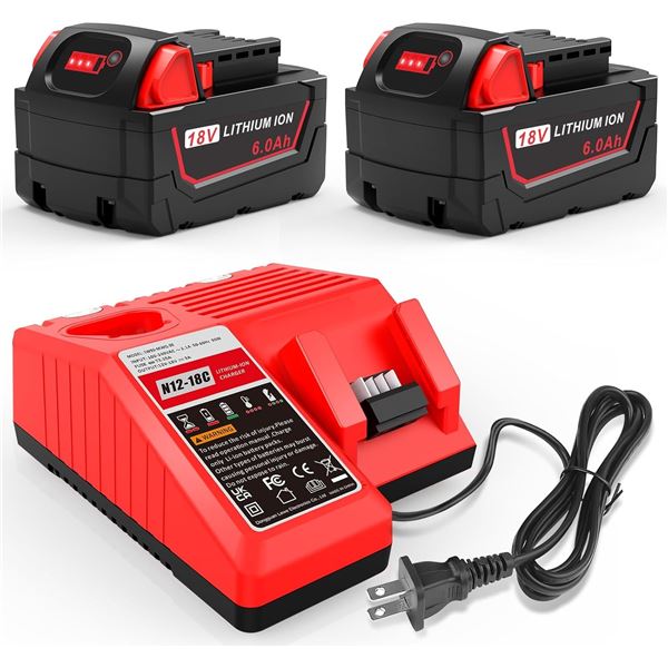 BNIB ARyee 2 Pack 18V 6.0Ah Replacement for Milwaukee M18 Battery and Charger Combo kit Retail $93