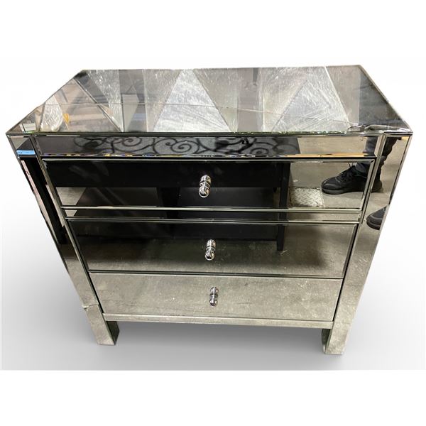 Mirrored 3-Drawer Nightstand (Condition: mirrored top shows visible cracks)