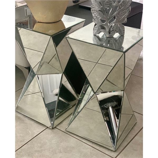 Pair of Mirrored Geometric Pedestal Side Tables