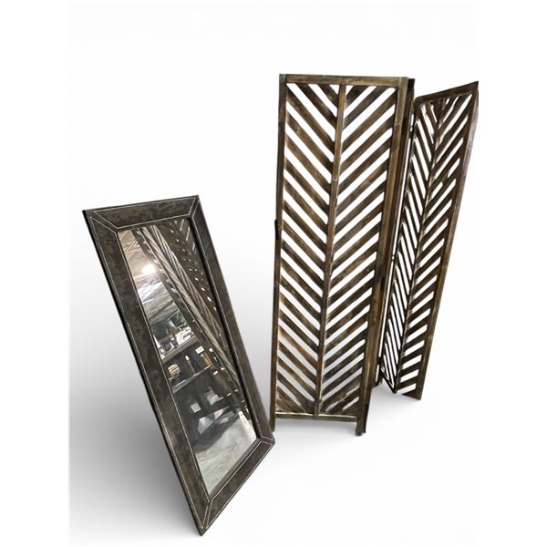 Wood Folding Screen Panels and Wall Mirror