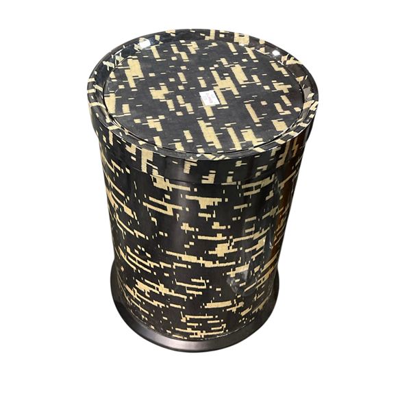 Black & Gold Patterned Round Accent Stool, H16" x Dia. 11.5"