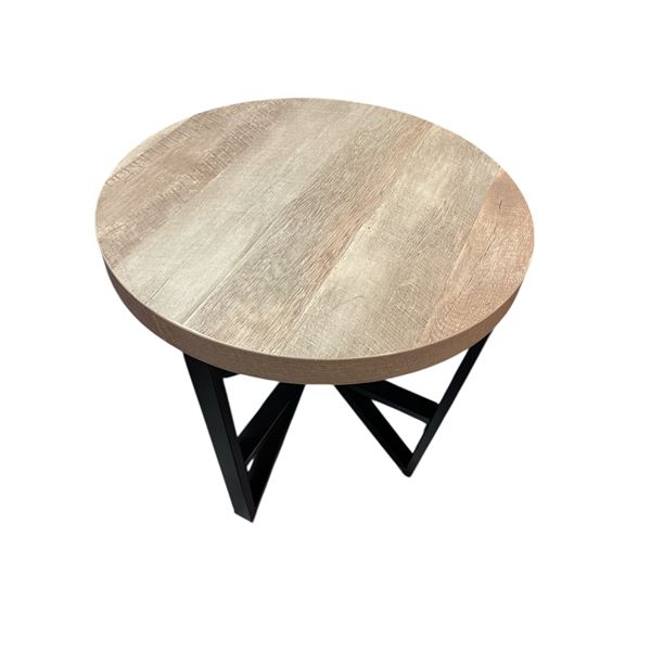 Round Wooden Side Table - Black Geometric Base, H22.5" x  Dia 23.5"