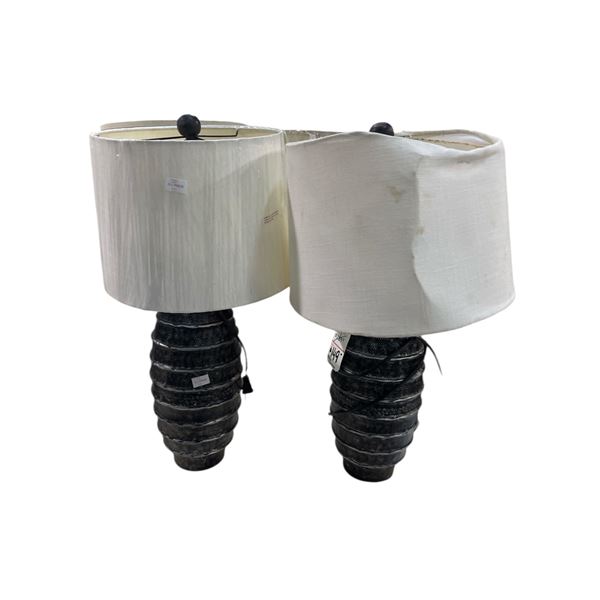 Pair of Black Ribbed Ceramic Table Lamps (1 Shade is damaged)