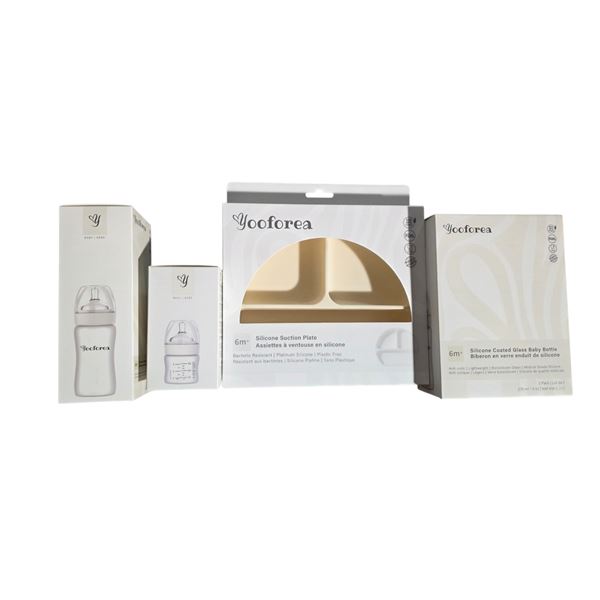 Group of 50 Pcs - Yooforea Silicone Baby Plates, Glass Bottles (various size), and More