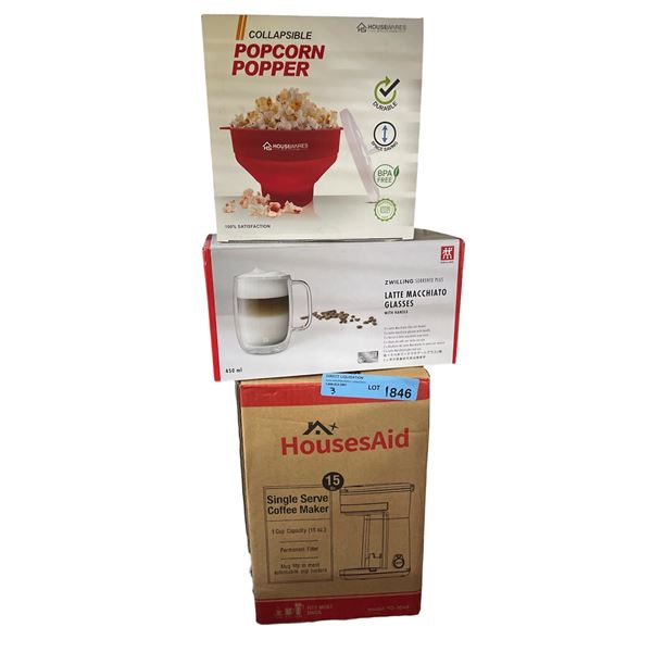 Group - Popcorn popper, Zwilling latte machiato glasses & House Aid coffee maker