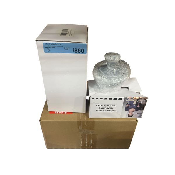 Group - Stainless measuring cups, 32 oz. drinking glass, mortar & pestle, etc.