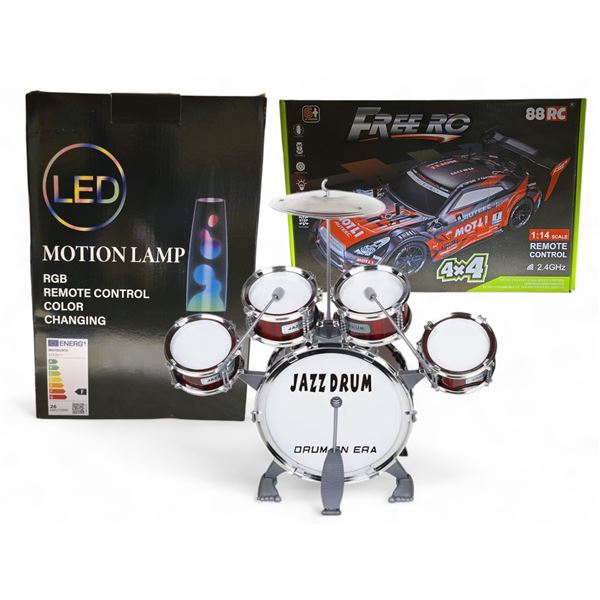 Group of 3 New 4x4 RC Car Free RC, LED Motion Lamp, Jazz Drum (Drum Box Has Damage)
