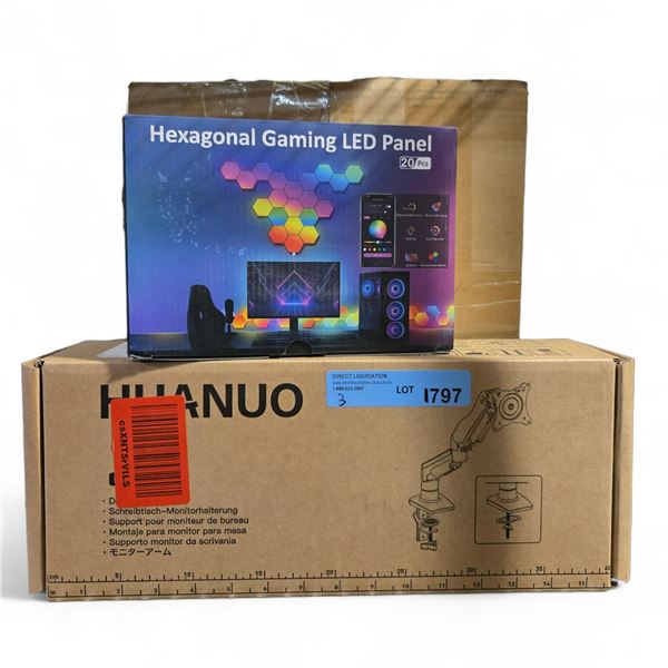 Group of Misc. BNIB Monitor Mount, Hexagonal Gaming LED Panel & Chassis Parts