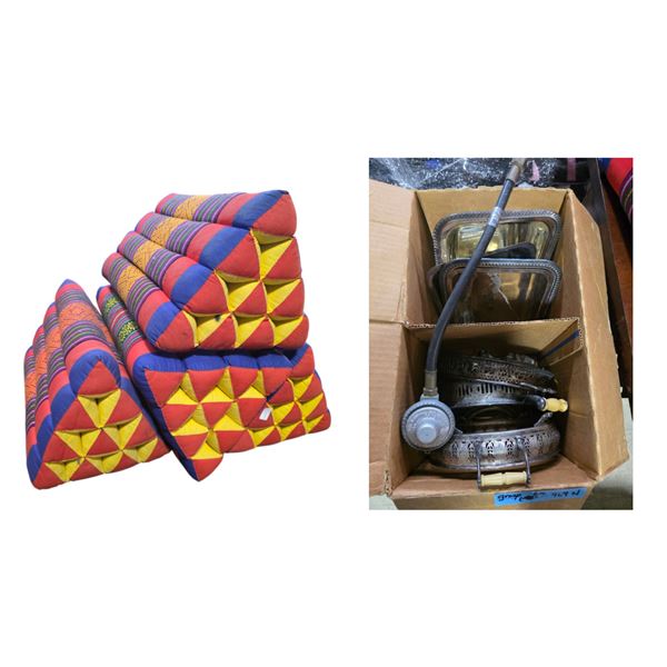 4 Pcs Thai Floor Cushions and Assorted Silverplate Serving Trays