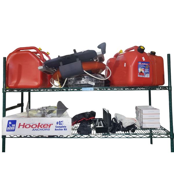 2-Shelf Assorted Boat Gear Items - Hooker Anchor, Jerry Cans, Safety Floats, and More