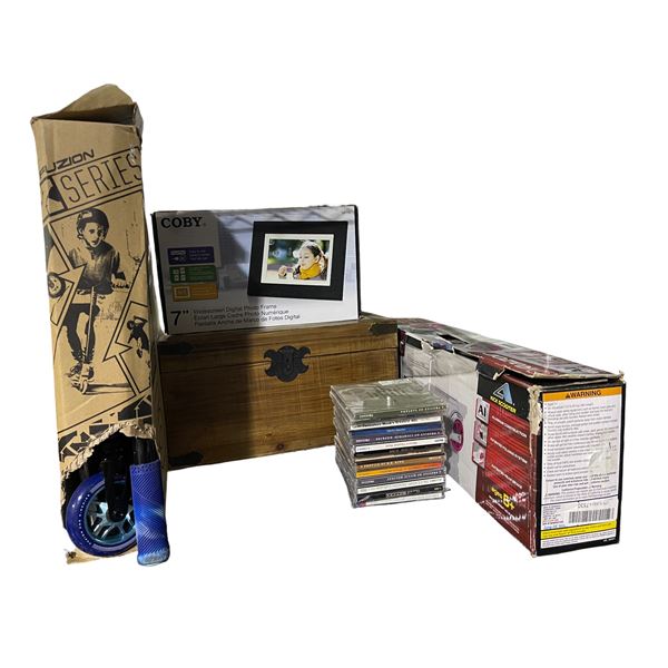 Coby 7" Digital Frame, Wooden Trunk with Sport Cards, Multiple CDs, and 2 Folding Scooters