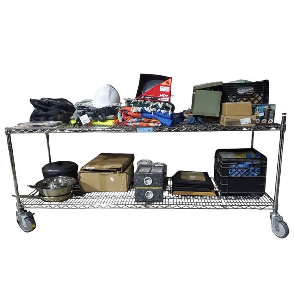 Two-Shelf Mixed Items - Safety Gear, Hand Tools and Bags, Lazer Helmet, and More