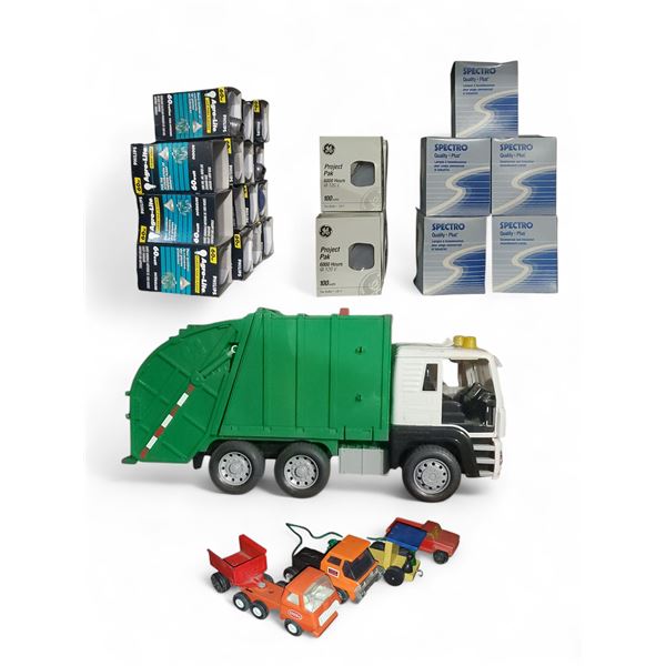 Garbage Truck Toy, Assorted Small Cars, and Bulk Bulb Packs