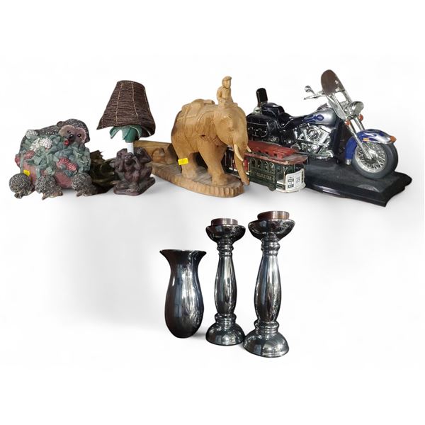 10 Pcs Assorted Figurines, Motorcycle Model, and Silver Candlesticks
